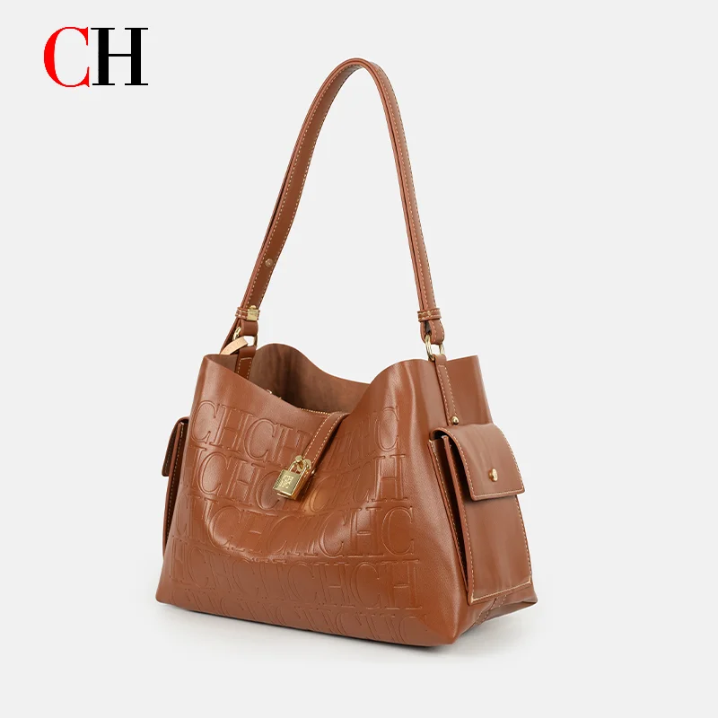 CH Tote Bag Women Vintage Brown Leather Shoulder Bag Multi Pocket Designer Handbag Casual Work Commuter Crossbody Bag