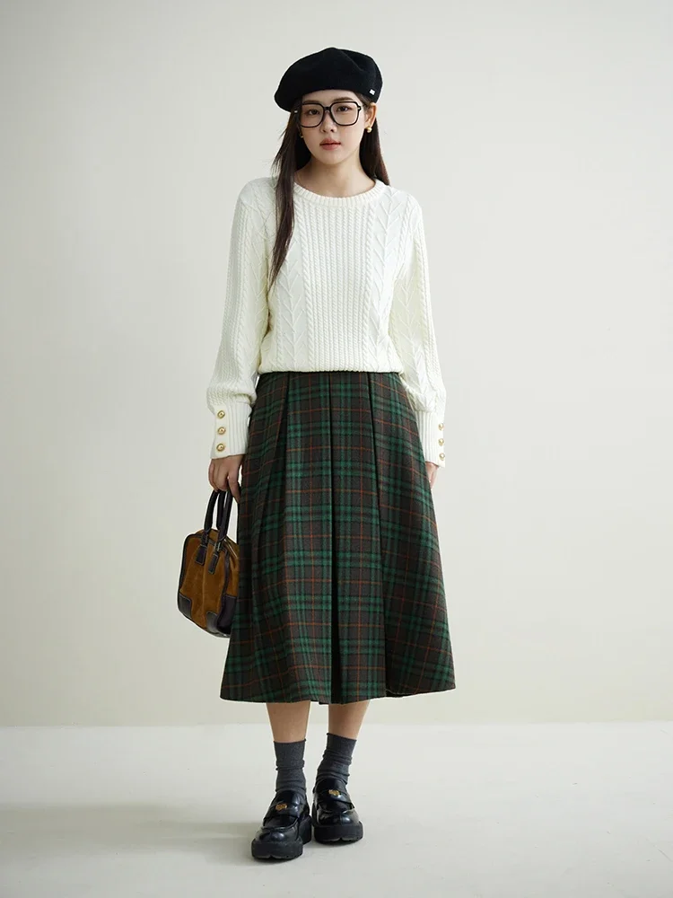 DUSHU British Style Retro Plaid A-Line Skirt for Women Autumn and Winter Niche Design Preppy High Waist Umbrella Skirt Female