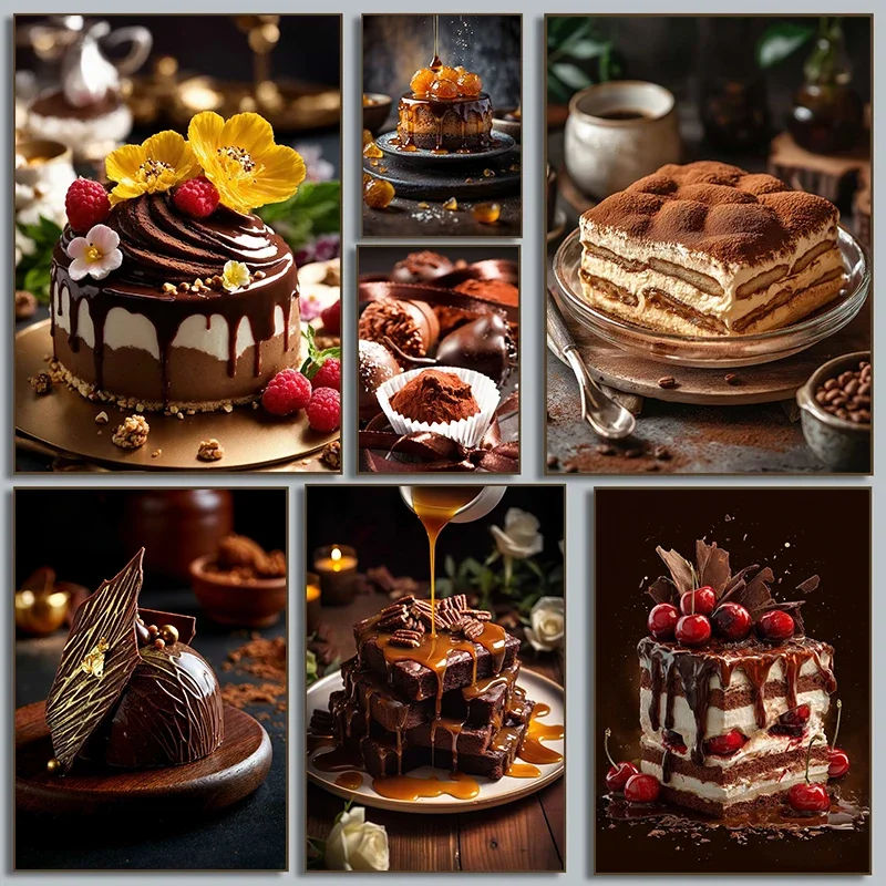 Delicious Dessert Chocolate Nuts Strawberry Cake Kitchen Food Poster Canvas Paintings Wall Art Pictures Coffee Shop Home Deco