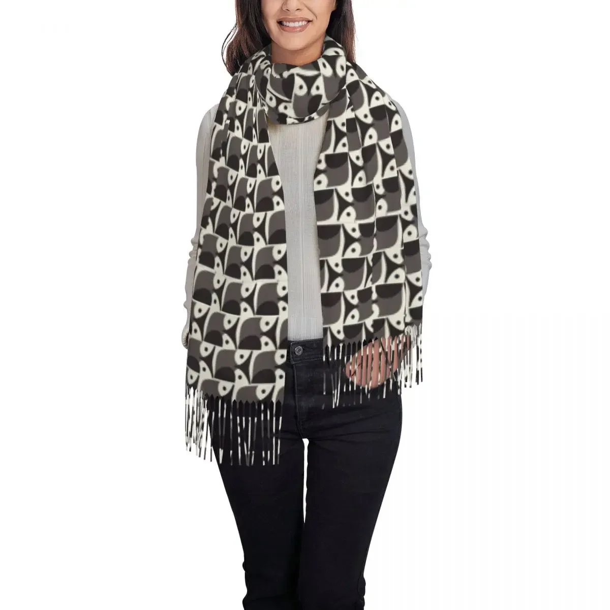 Owl Graphite Scarf Orla Kiely Warm Soft Shawls and Wrap with Tassel Ladies Luxury Brand Large Scarves Winter Bufanda Mujer