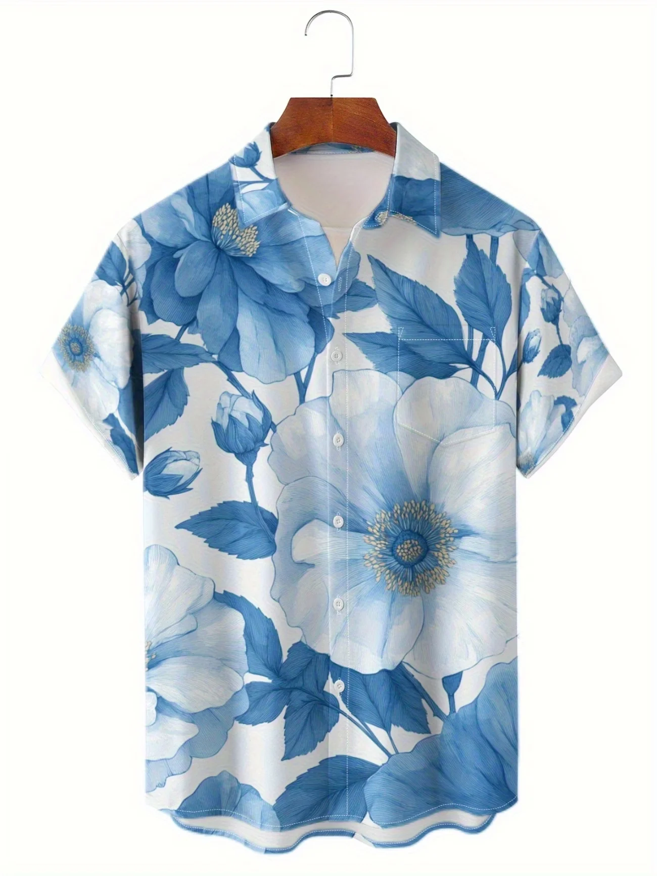 Flower pattern, fashionable men's short sleeved shirt, loose top, outdoor street, casual and comfortable