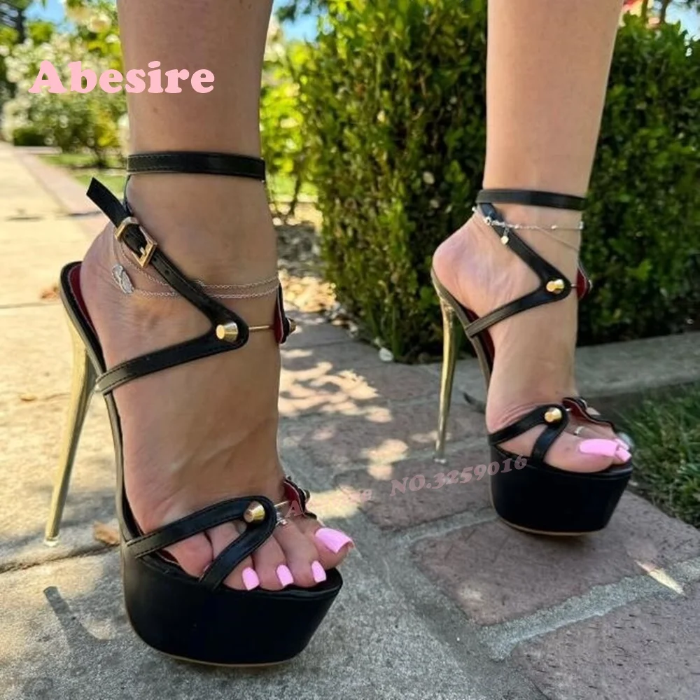 

Metal Decor Platform Buckled Sandals Open Toe Side Air Black Stiletto Summer Sandals for Women 2025 New Ankle Strap Luxury Shoes