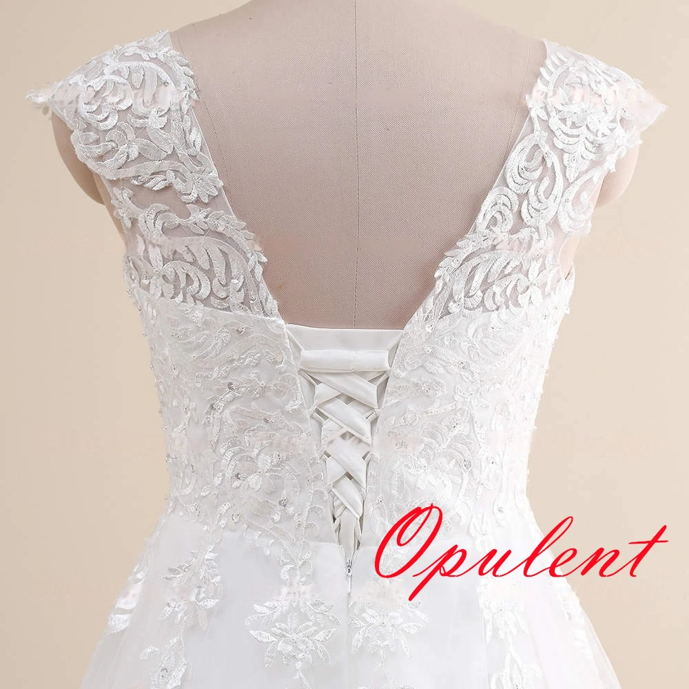 Aangepaste temperament witte tule trouwjurk hoge kwaliteit V-hals kapmouw bruidsjurken kapel trein rits terug jurk