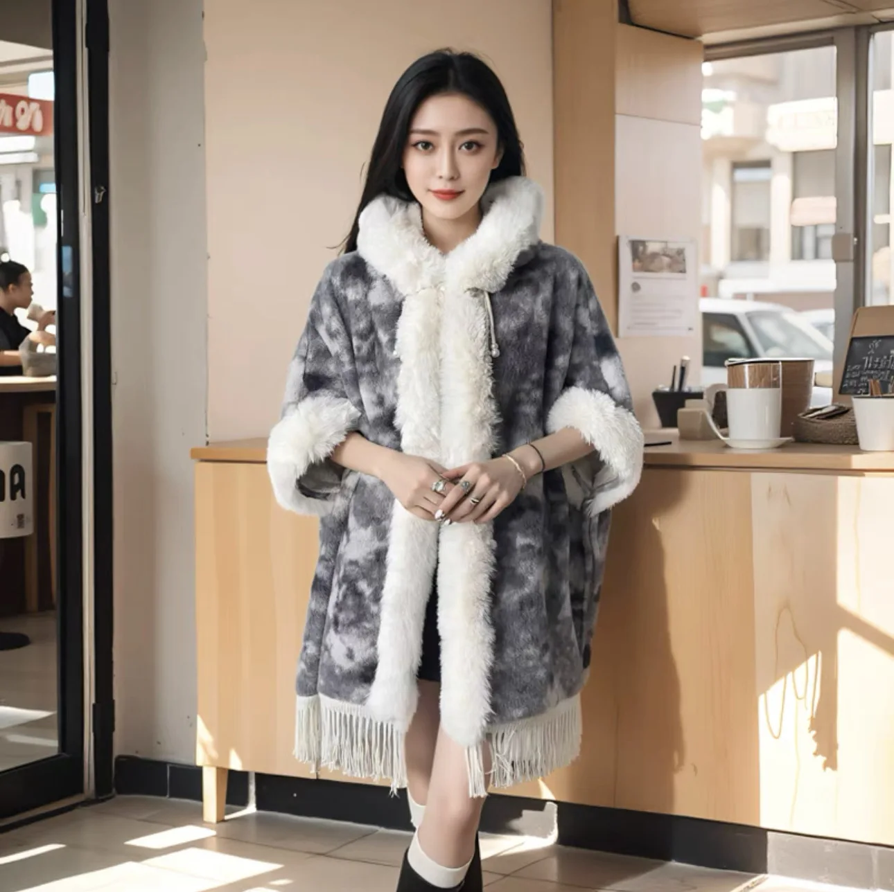 Women Cardigan Mantle Loose Printed Poncho Cape Winter Thicken Velvet Overcoat With Hat Warm Big Faux Fox Fur Neck Long Cloak