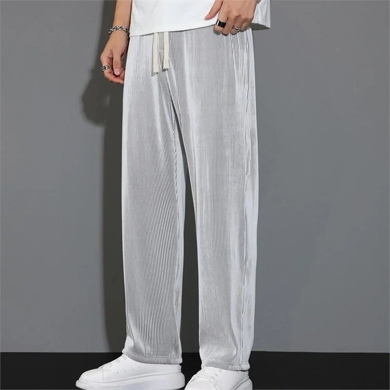 

Loose Wide Men's Summer Thin Ice Silk Long Pants Drapey Breathable Straight Leg Casual Trousers Polyester Fiber Low Waist