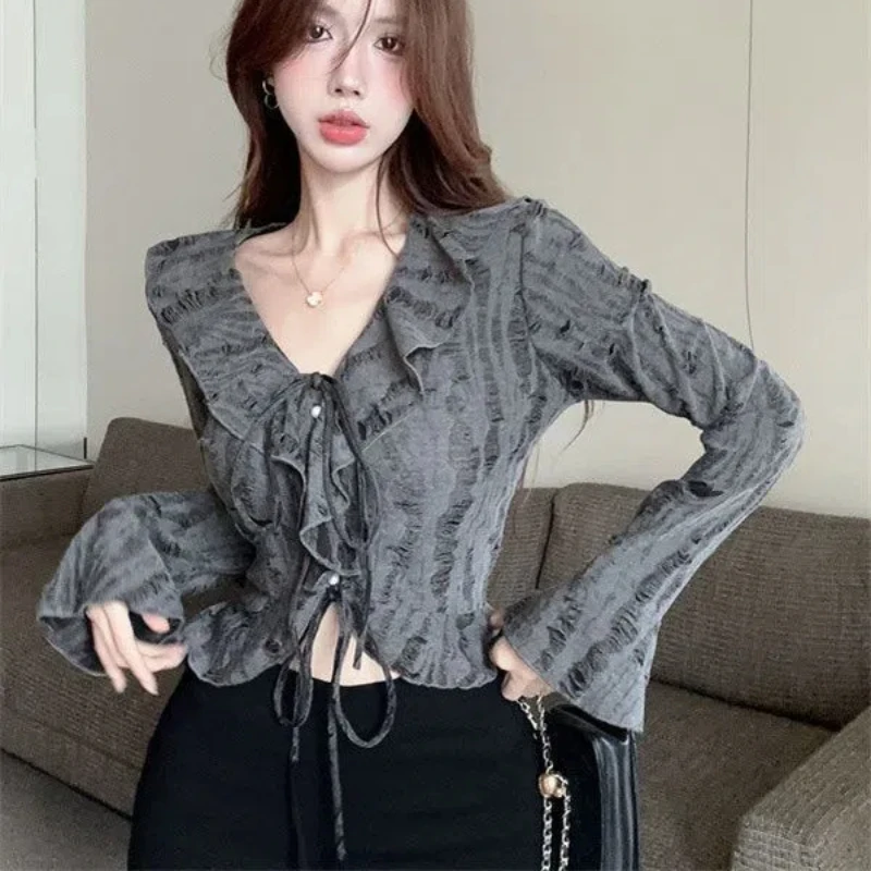 Spicy Girl with Ripped Hole Design V-neck Ruffle Edge Long Sleeved T-shirt Women's Maillard Waist Cinched to Look Slim Paired