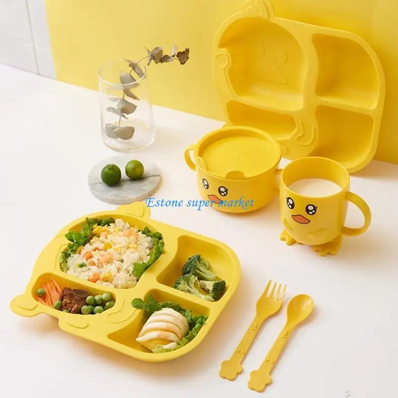 

090B Милая мультяшная миска с уткой, чашка, ложка, вилка, Нескользящая посуда для детского сада, разделенная обеденная тарелка