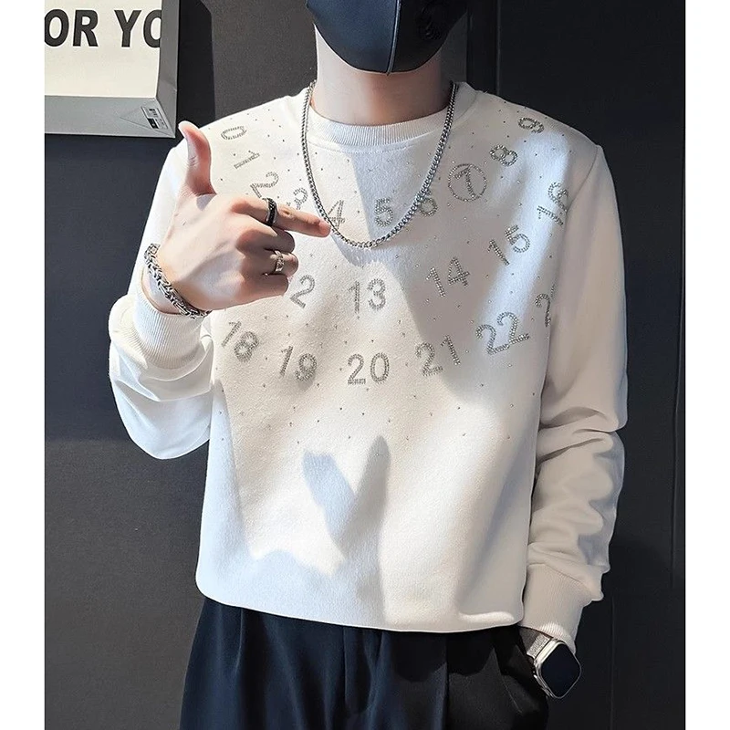 Fashion O-Neck Casual Digital Diamonds T-Shirts Men\'s Clothing Spring New Loose Long Sleeve All-match Tops Korean Tee Shirt