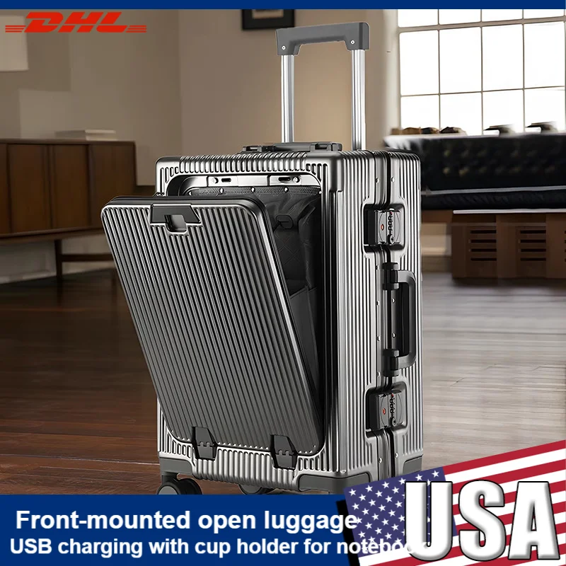 

Front Open Trunk Side Buckle Front Lid Trolley Aluminum Frame High-capacity USB Charging with Cup Holder Trolley Case Black Tool