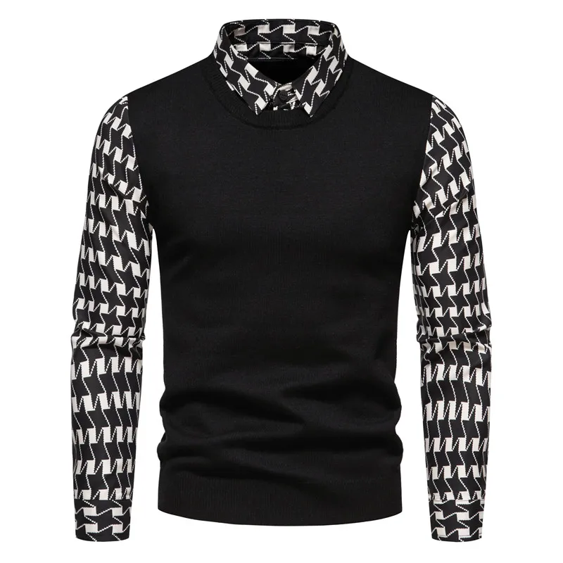 Autumn and Winter New Men's Polo Collar Fake Two Piece Long Sleeve Sweater Multi Style Printing Slim Fit and Warm Men's Pullover