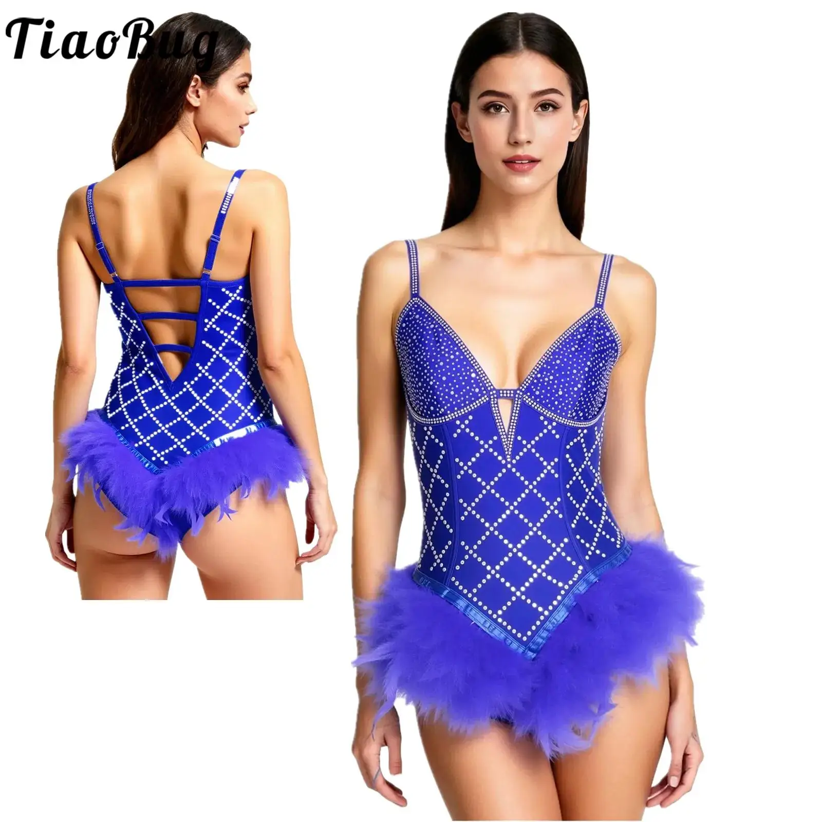 

Women Ballet Feather Leotard Tutu Gymnastic Dancewear Rhinestones Adjustable Spaghetti Straps Backless Bodysuit for Performance
