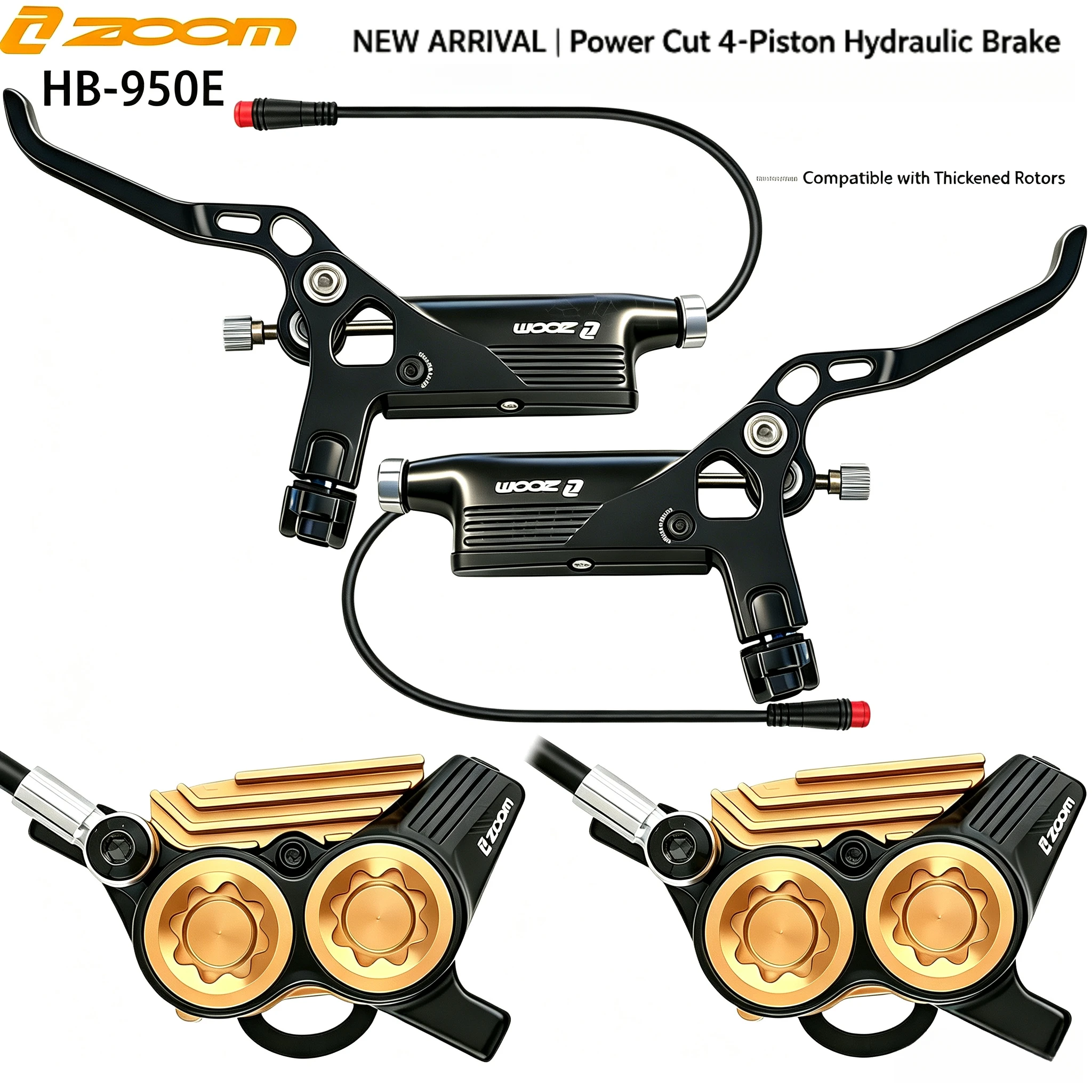 ZOOM HB-950E 4 Piston Hydraulic Disc Brake With Power Cut-off Sensor Golden Cooling Fins Front 1000mm Rear 1850mm for E-Bike