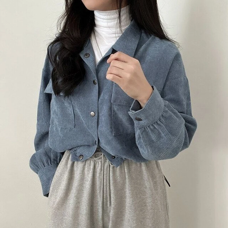 Blusa Rimocy-cropped com bolsos para mulheres, manga longa, veludo chique, jaqueta curta com cordão, casacos coreanos selvagens de cor sólida