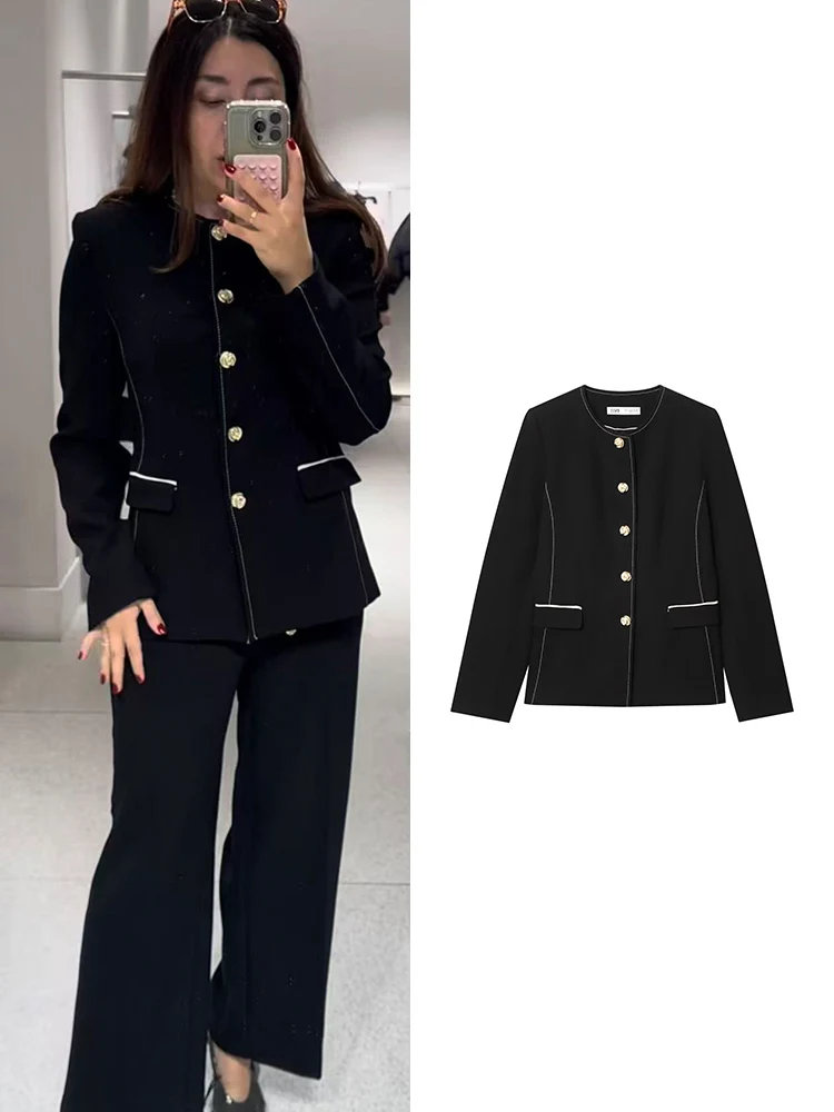 

Женские элегантные черные короткие куртки, модное яркое украшение на пуговицах с длинным рукавом, повседневное пальто, осеннее женское облегающее новое пальто