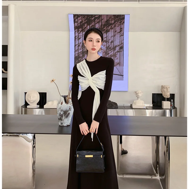 2023 Spring and Summer  Black Knitted Dress New Chinese Style Tea Break French Style Chic Unique Bow FemaleTemperament Dress