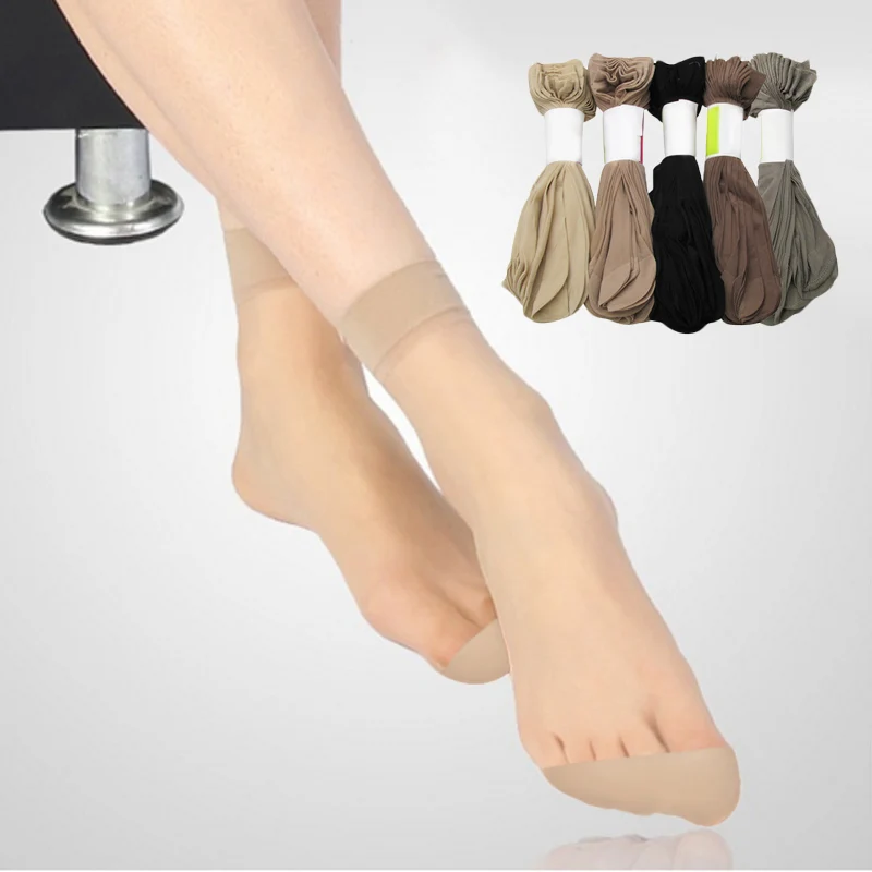 10pcs=5 Pairs Summer Female Short Skin Socks Women's Thin Crystal Transparent Girl Ankle Silk Smooth Non-slip Suitable Socks