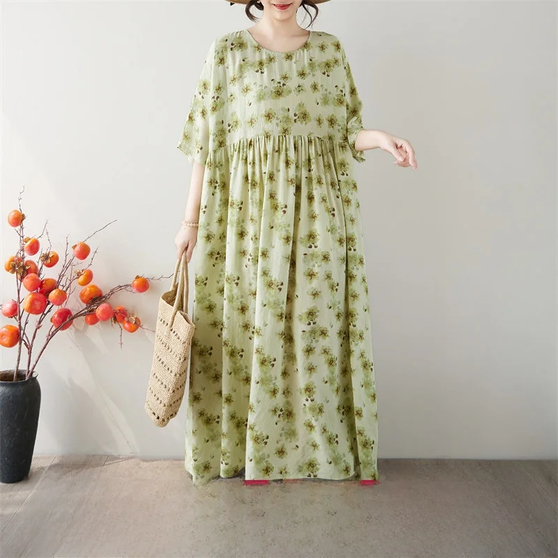 

Summer New plus Size Women's Dress Floral Print Loose Fit Knee-Length Short Sleeve round Neck Long Dress Elegant Style Cotton...