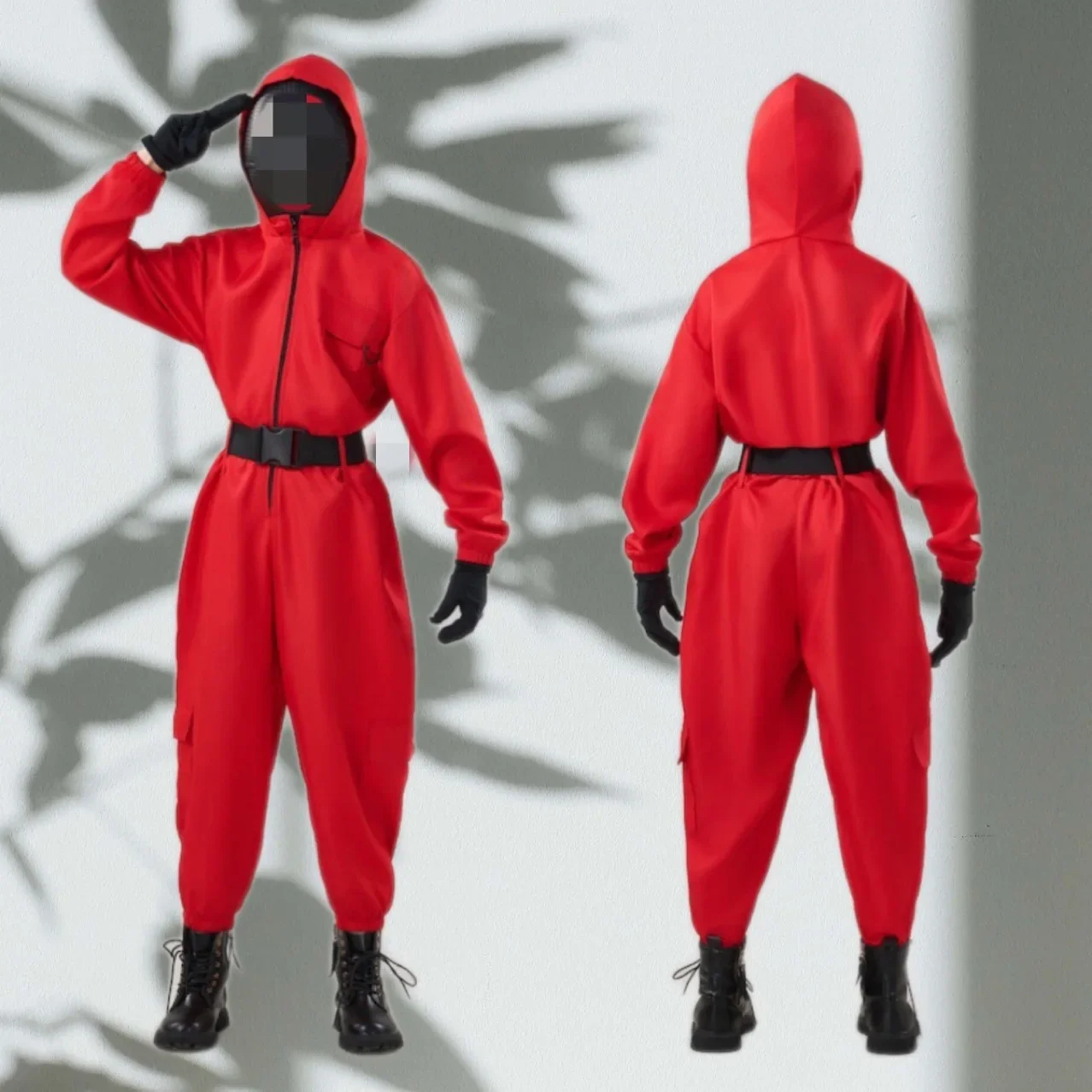 

Calamari Game Costume Guard Cosplay Jumpsuit Outfit Teenagers Tracksuit Hooded Overall Belt Gloves Mask Set Halloween Adult Kids