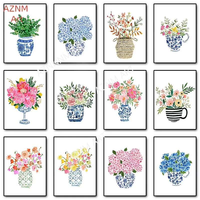 Watercolor Blue and White China Vase Flowers Bouquet Planter Floral Ginger Jar Poster Canvas Printing Wall Art Room Home Deco