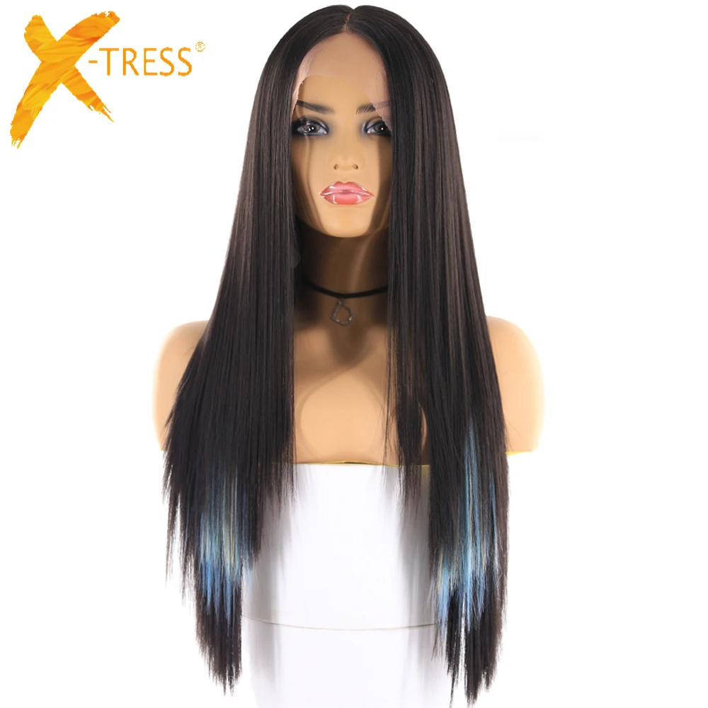 Yaki Straight Synthetic Hair Wigs With Natural Hairline X-TRESS Ombre Blue Color Long Layered Lace Front Wig For Black Women