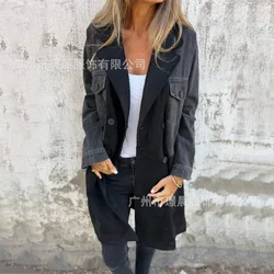 Fashion Spliced ​​denim Coat Elegant Office Lady Lapel Single Breasted Contrasting Color Jacket Autumn New Women's Clothing