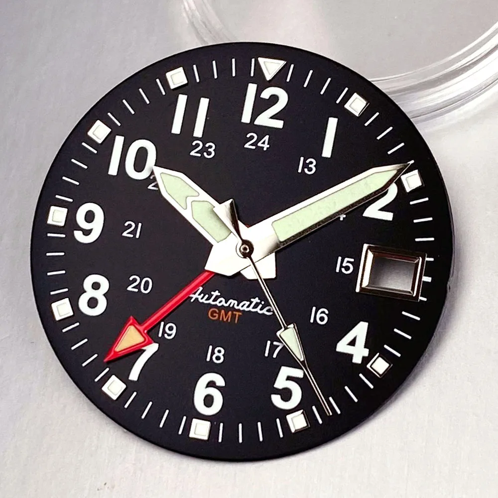 GMT 29mm Mod Black/White Watch Dial Face Fit NH34 Automatic Movement Men Watches Part Accessories Arabic Numerals