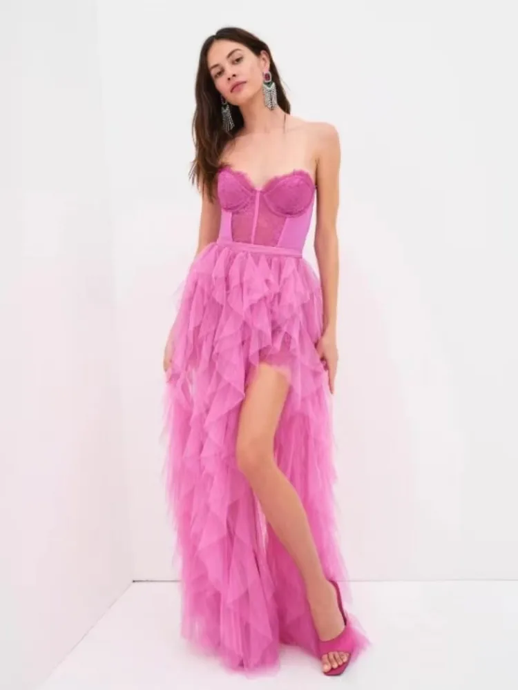 Imagem -02 - Sexy Vestido Maxi Longo Plissado de Renda sem Alças para Mulheres Elegante Vestido de Festa à Noite Aniversário Cores Novo 2024