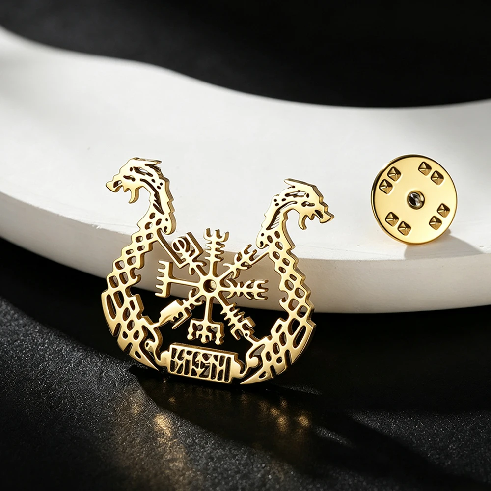 Norse Longship Vegvisir Compass Brooch Pin Hollow Out Nordic Rune Amulet Vintage Lapel Badge for Men Suit Jewelry Gift Wholesale