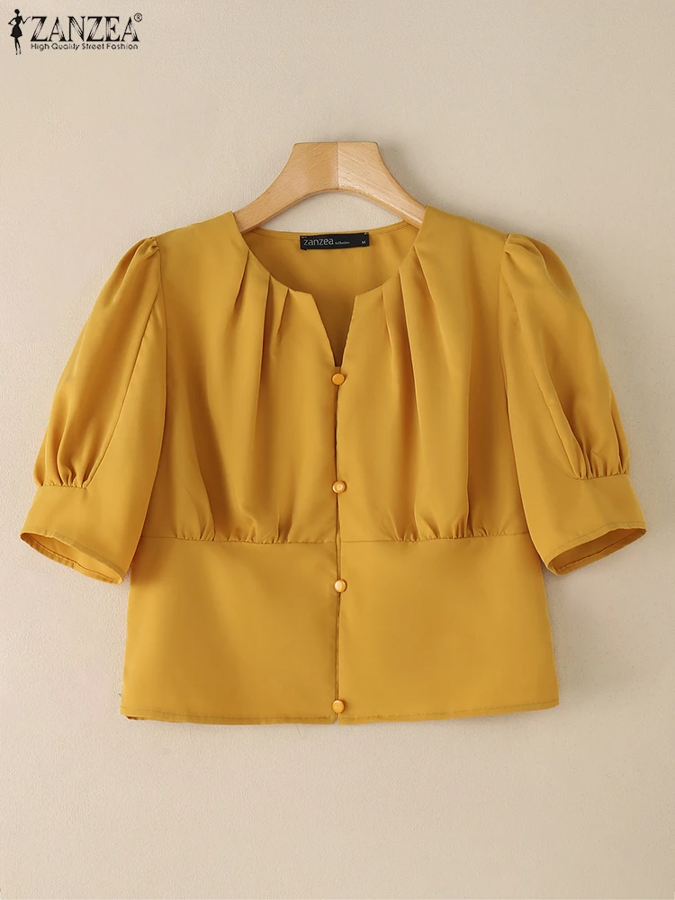 

Fashion Summer Half Sleeve Shirts ZANZEA Women Elegant Office Work Blouse Stylish Solid Slim Fit Tunic Tops Casual Button Blusas