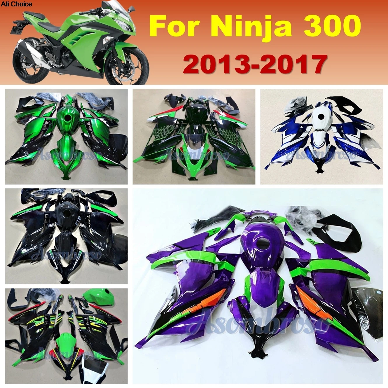 

Complete Fairing kit Suitable for Kawasaki Ninja300R 2013 2014 2015 2016 2017 Purple green ZX300R 13-17 Custom fairings