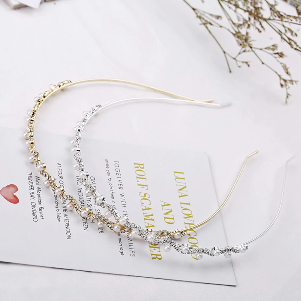 

2Pcs Rhinestone Pearl Hairb Shiny Headb Decorative Hoop Lady Hair Headdress Girls Fashion Comfortable Lightweight Banquet Party