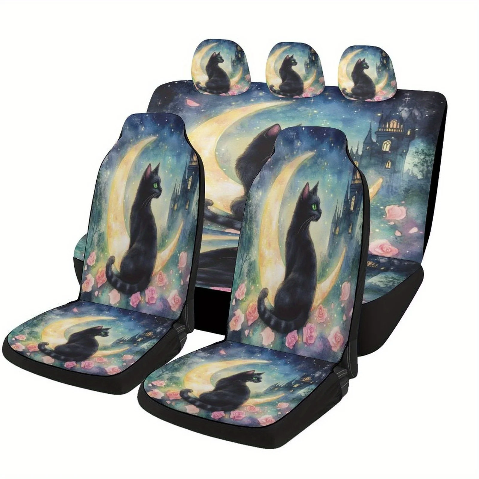 Black Cat Moon Designed Car Seat Covers Set For Most Cars, Fashion Decorative Car Seat Protector Covers Full Set, Car Seat Cov