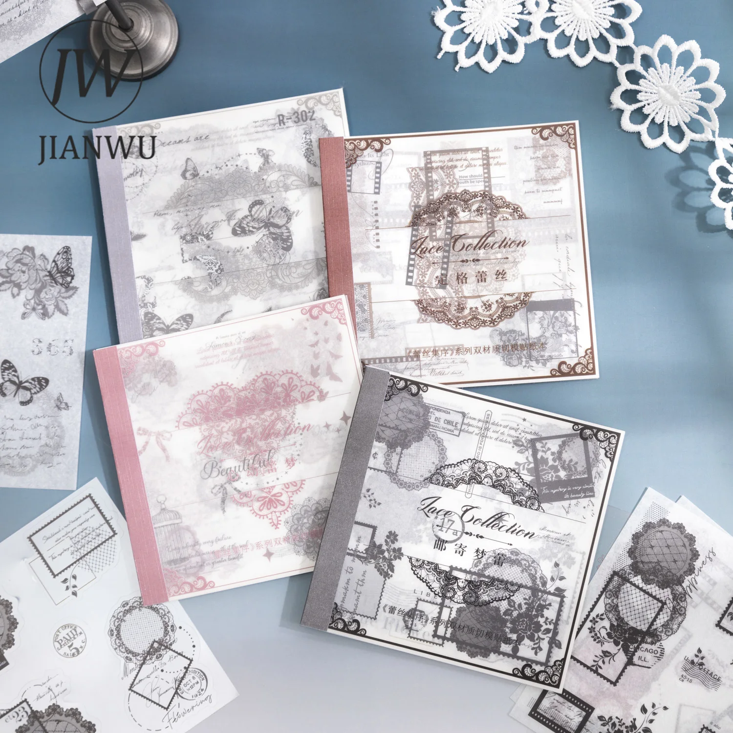 JIANWU 20 Sheets Lace Set Order Series Vintage Border PET Sticker Book Creative DIY Journal Collage Material Decor Stationery