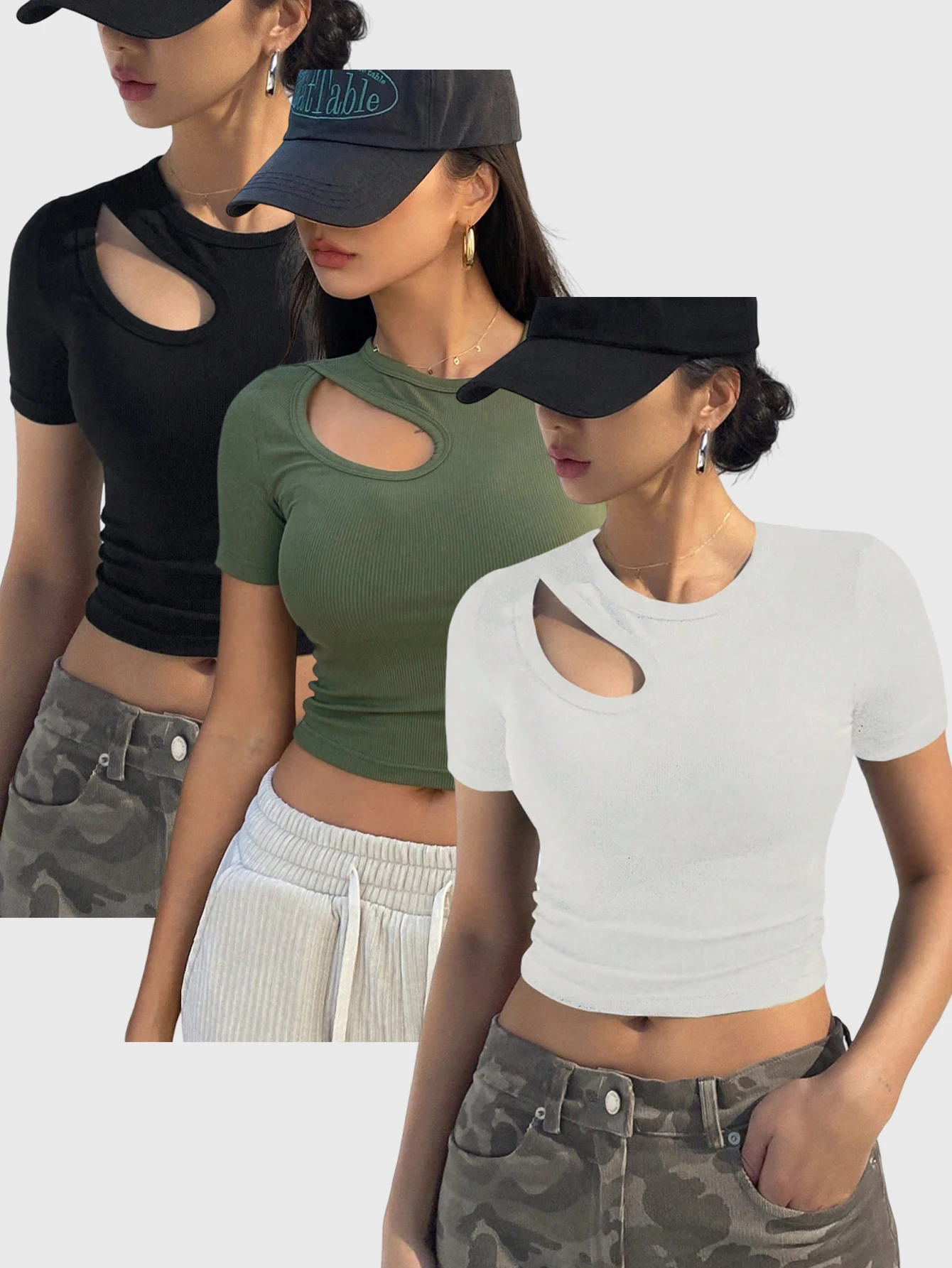 

Европейский и американский однотонный повседневный комплект из трех предметов футболок с круглым вырезом и открытой передней частью