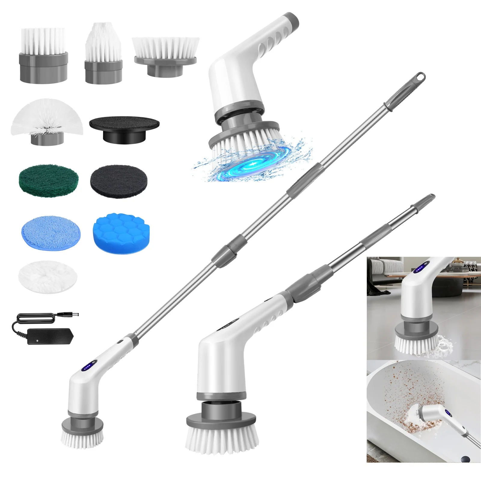 فرشاة تنظيف كهربائية دوارة، فرشاة تنظيف لاسلكية، فرشاة تنظيف دش مع 9 رؤوس فرشاة، سرعتان، مقبض تمديد