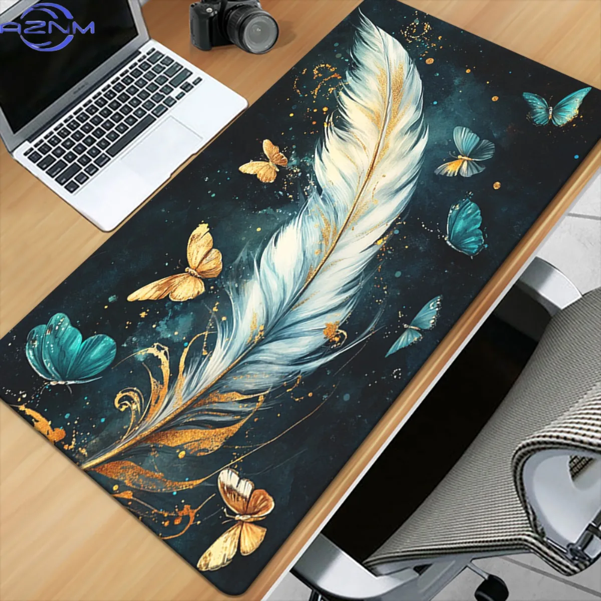 1pc Feather with butterflies motif HD Printed Pad for Desk, Multi Functional XXL Mousepad, Keyboard Gaming Mouse Mats, Office Co