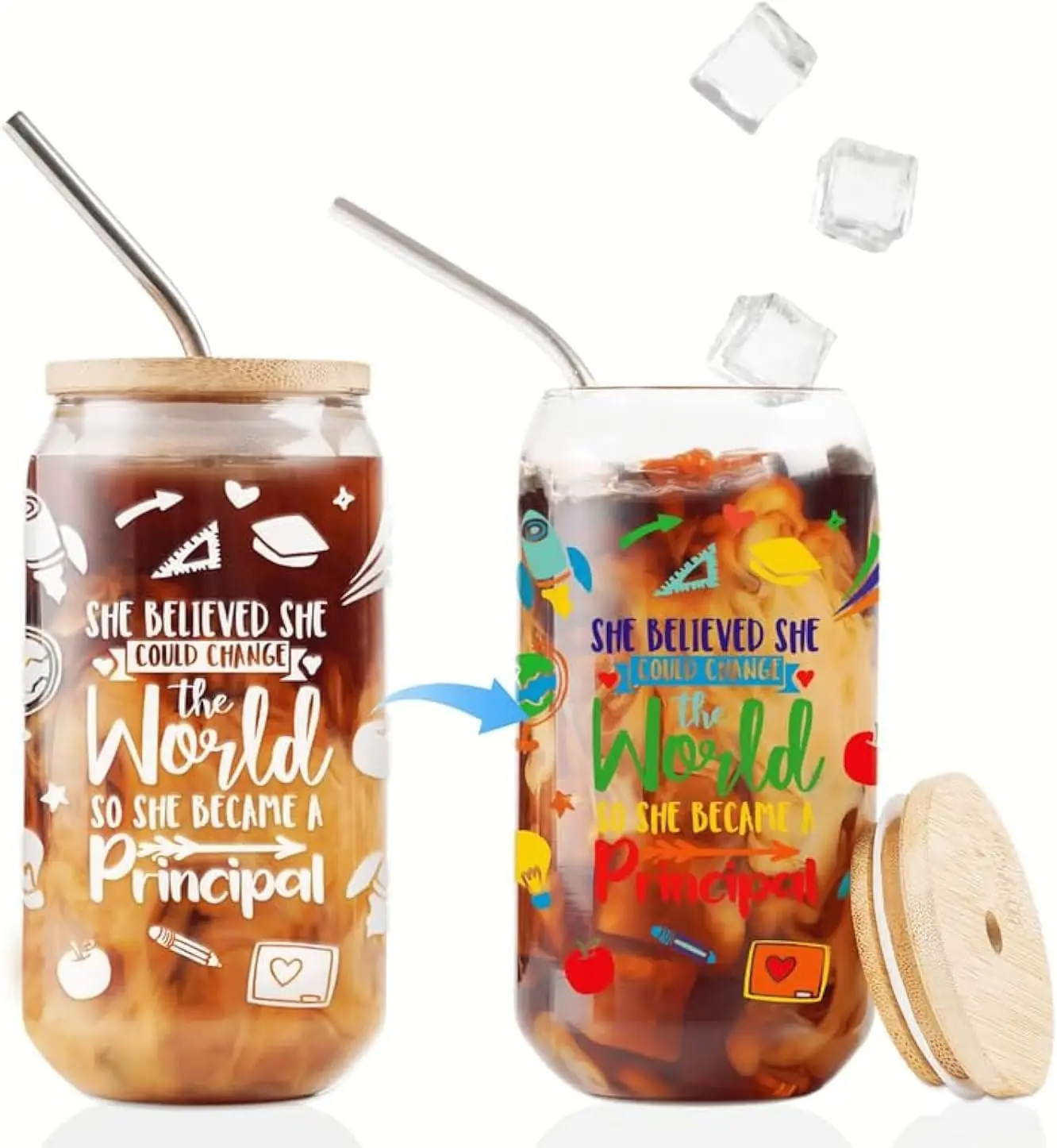 

Principal Gifts, Iced Color Changing 17oz Can Glass with Bamboo Lid and Straw, Iced Coffee Cup, Perfect for Christmas, Birthday,