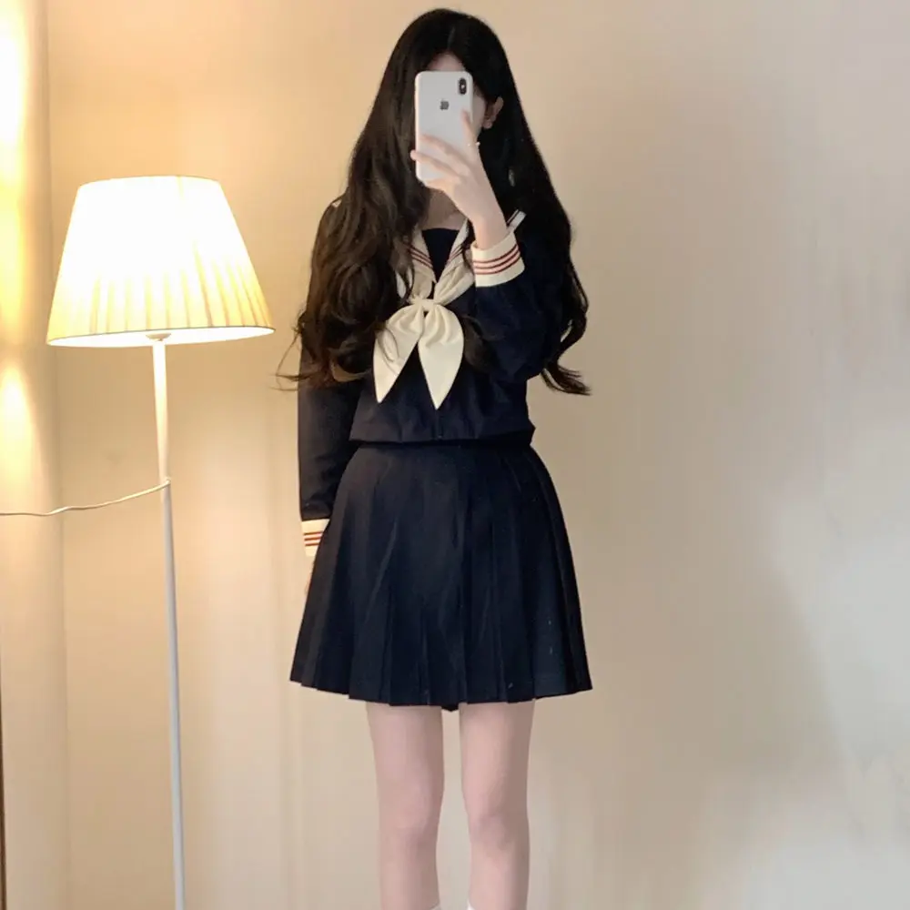 Zoete Japanse JK Leeftijdsverlagende College Marine Kraag Lange Mouw Los Shirt Lente Herfst Meisjes Mode Losse Geplooide Rok Sets