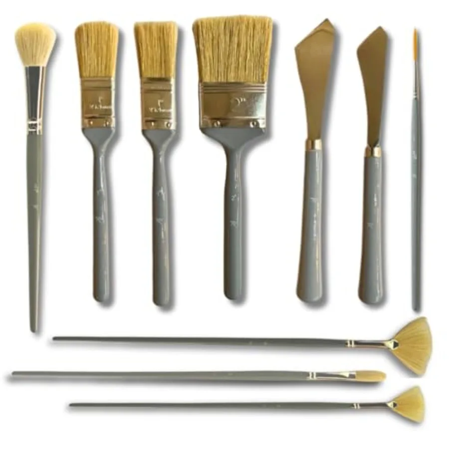 

10 Piece Landscape Brush Set for Wet on Wet Painting: 2 Inch 1 Inch 1 Inch Oval 4 and 6 Fan Filbert 2 Palette Knives Liner Mop