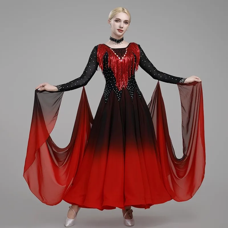 Robe de danse de salon à paillettes pour femmes, robe de valse de compétition, frange Standard nationale, vêtements de danse modernes à manches longues