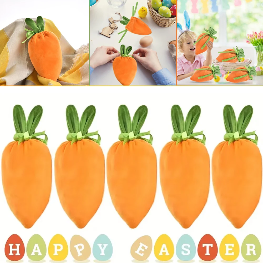 5Pcs Velvet Rabbit Ear Candy Bags with Drawstring Easter Carrot Gift Bags Bunny Ear Wrapping Pouch for Party Favors Supplies