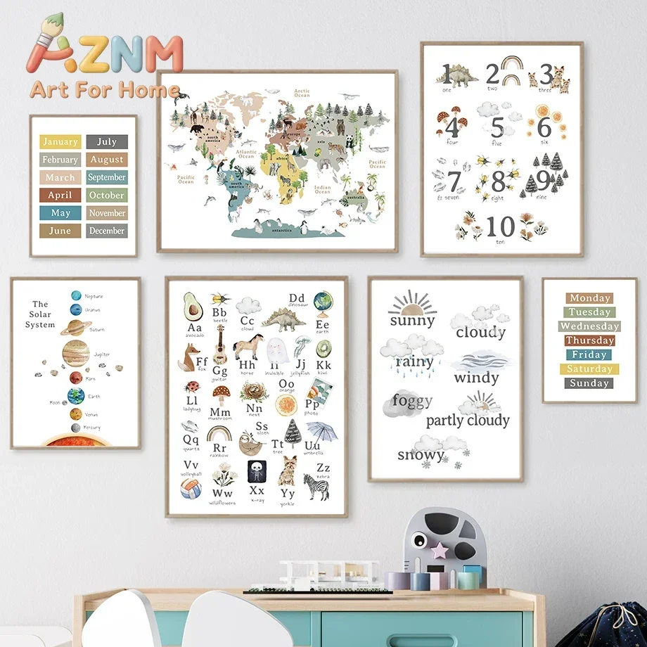 2026 Education Nursery Alphabet Number Solar System Weather Wall Art Canvas Painting Poster Print Wall Pictures Baby Kids Room D