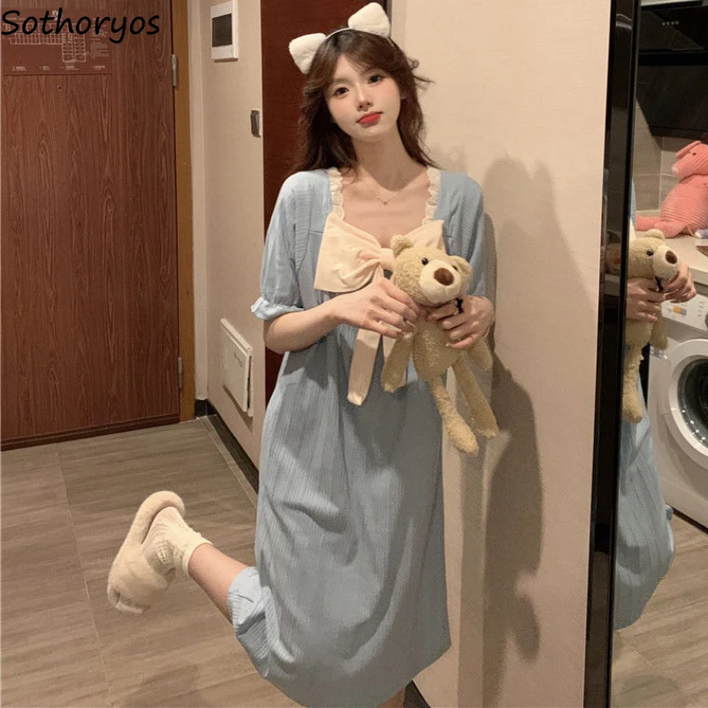 

Kawaii Bow Nightgowns Women Summer Princess Sleepwear Sweet Girls Japanese Style Short Sleeve Loungewear Students Fashionable