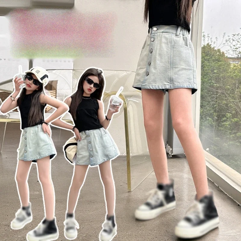 

Teen Girls Skirt Shorts Fashion Denim Blue Kids Summer Dress Pants Children Elastic Waist Trousers for 6-16 Years
