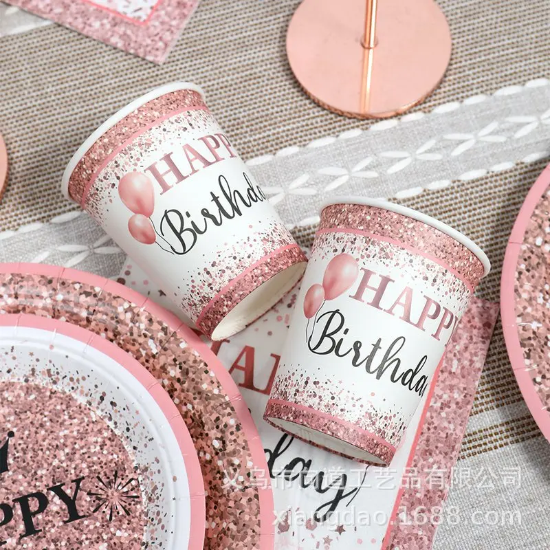 2024 Rose Gold Birthday Disposable Tableware Happy Birthday Plate Napkin Adult Queen Princess Happy Birthday Plate Girls