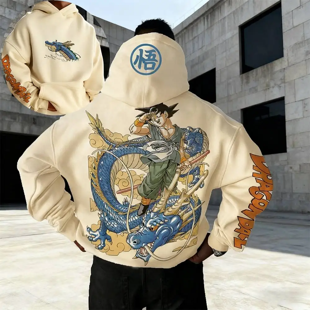 Dragon Ball Anime Goku Conjunto de sudadera con capucha de color caqui Shenlong Dragon Print Personaje Diseño de equitación Sudadera de algodón con texto de manga