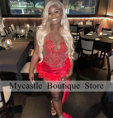 8 best sales röd fjädercocktailklänning - №8