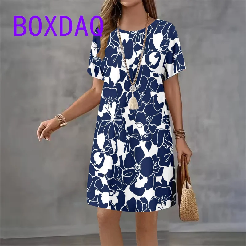 Colorful Tie dye Flowers Pattern Print Women Dresses Casual Summer Short Sleeve O-Neck Loose A-Line Dresses Street Boho Sundress
