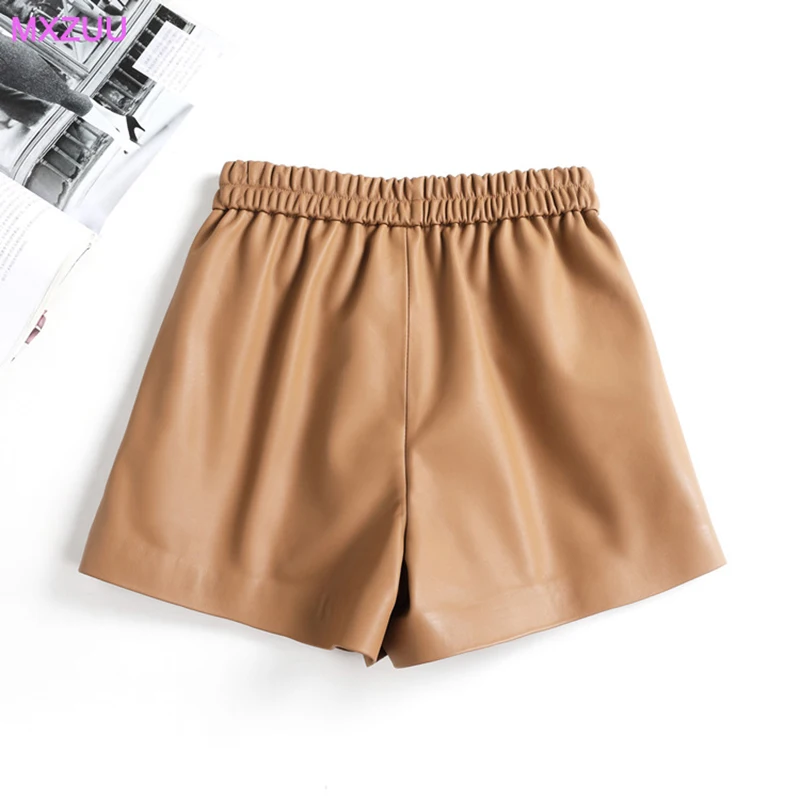 New Leather Shorts Spring Autumn Women Real Sheepskin Khaki/Chocolate Elastic Waist Pocket Slim Wide Leg Pants Pantacourt Femme