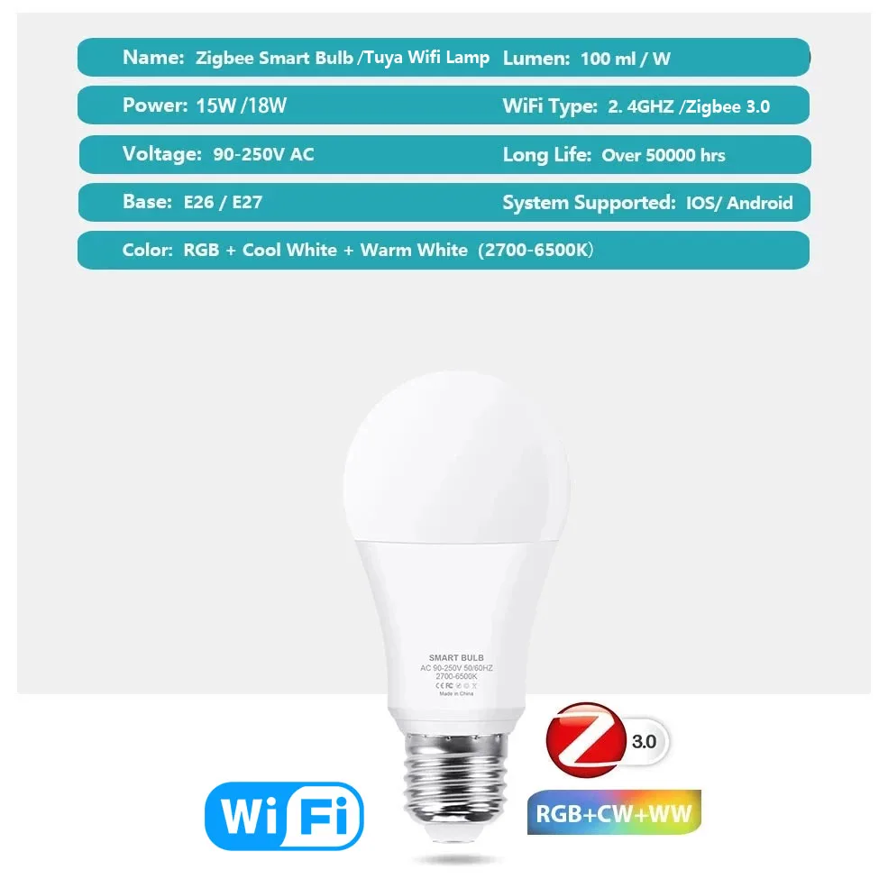 지그비 3.0 LED 전구, 투야 와이파이 스마트 홈 LED 램프, 알렉사 아마존 구글 어시스턴트 호환 가능, RGB, WW, CW, E27, 18W, 15W